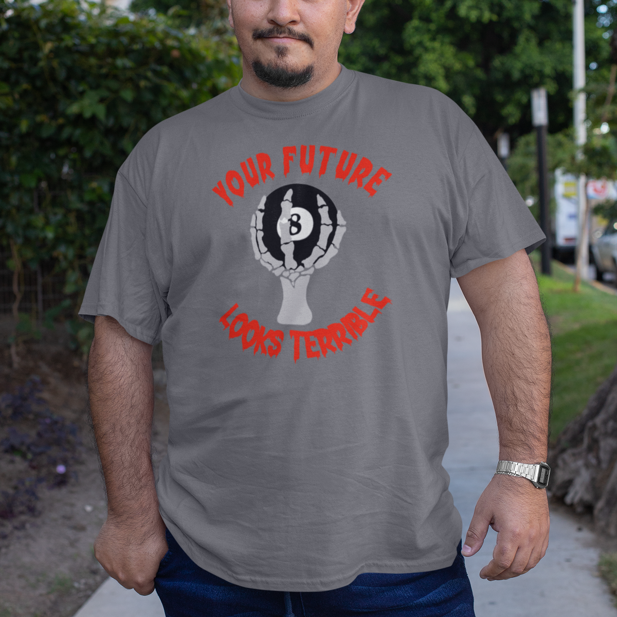 Your Future Looks Terrible, with 8 ball, on front of shirt,  Tri-blend T-shirt