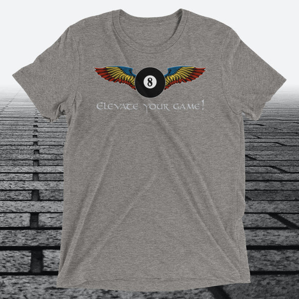 Elevate Your Game, with 8 ball with wings on front of shirt, Tri-blend t-shirt