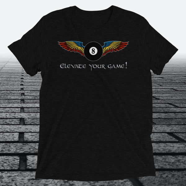 Elevate Your Game, with 8 ball with wings on front of shirt, Tri-blend t-shirt